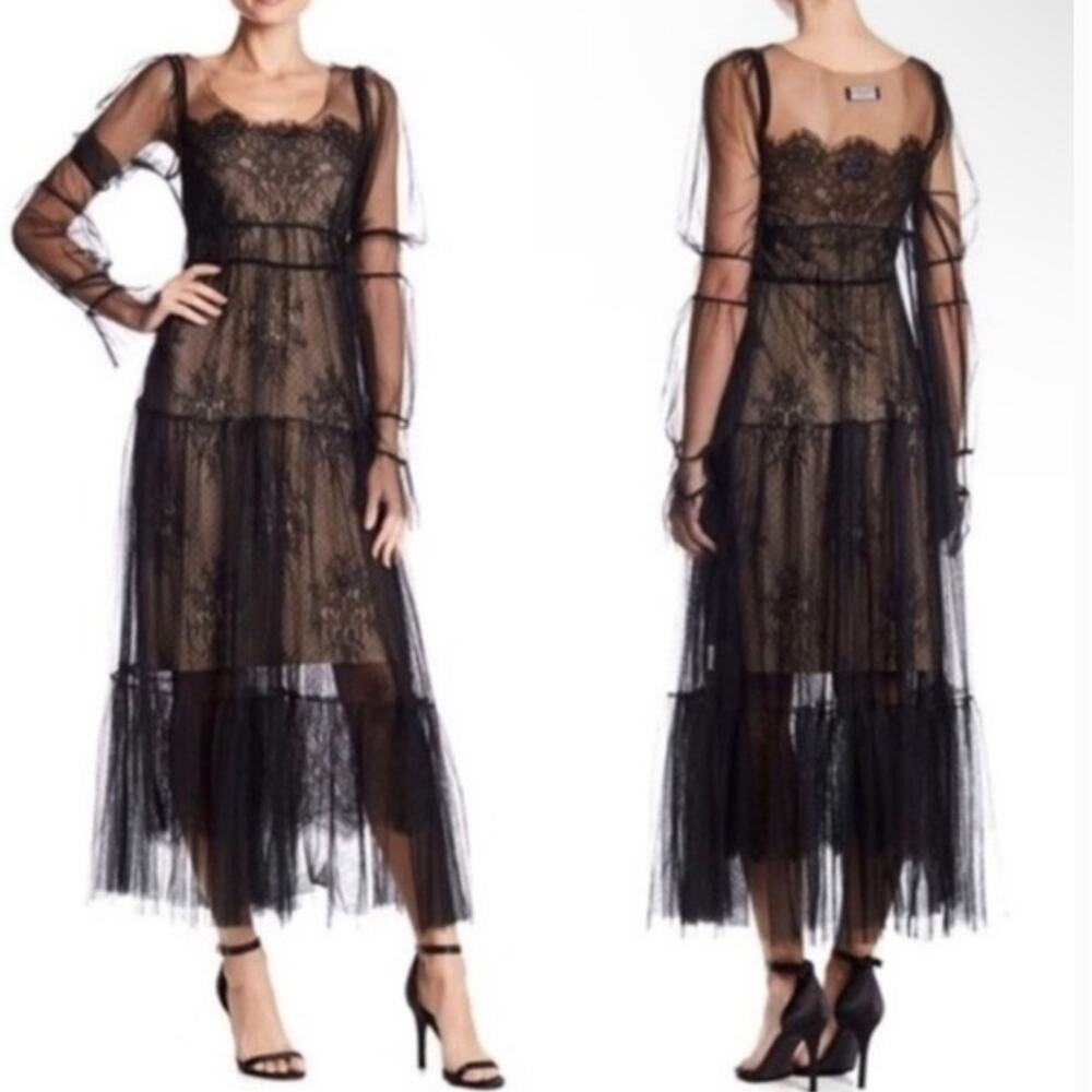 NWT Few Moda New York black lace Cordella Midi Sheer Overlay Only Dress SMALL